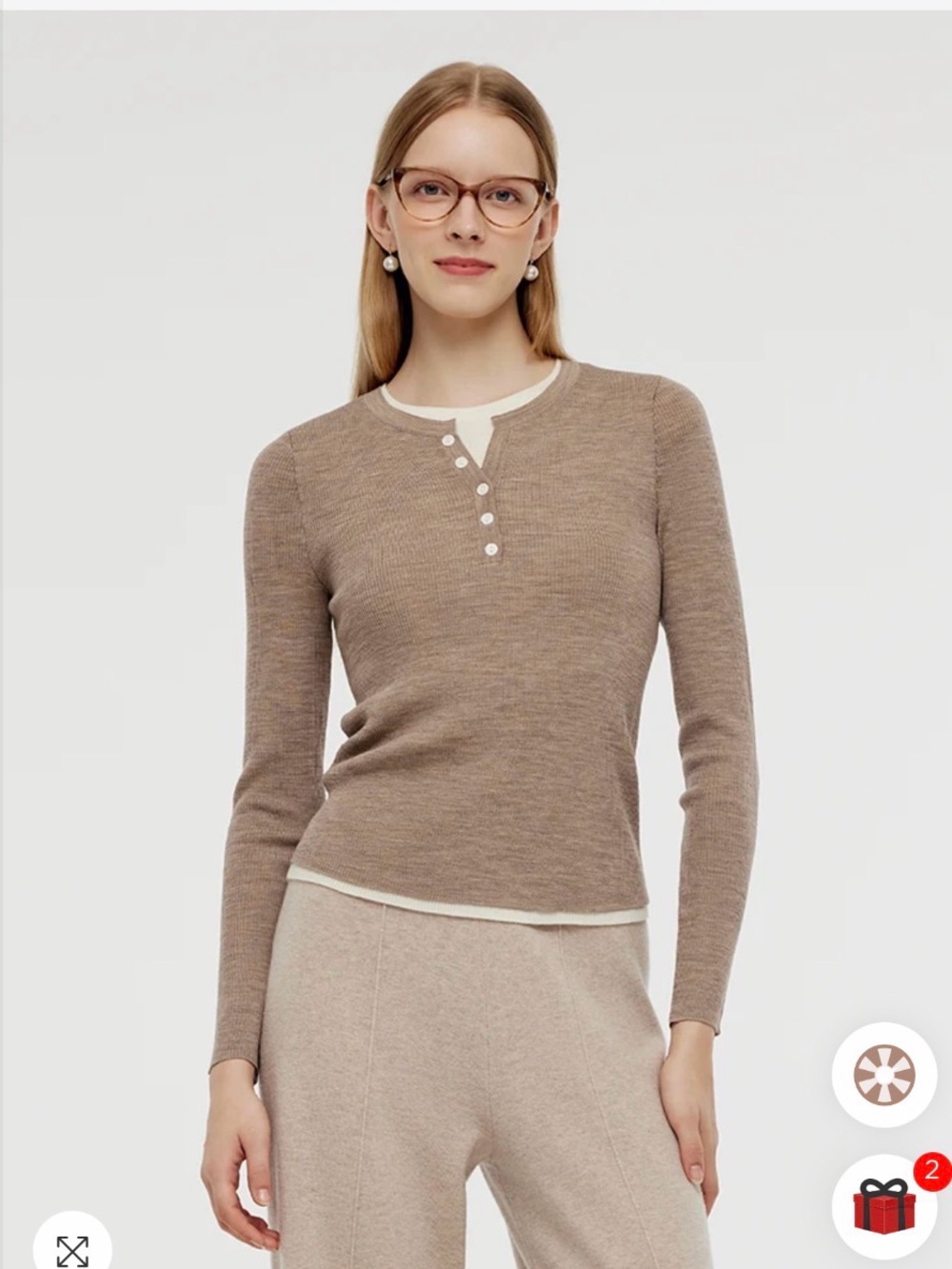 Women's Taupe Henley Thermal Scoop Neck Sweater 100% wool